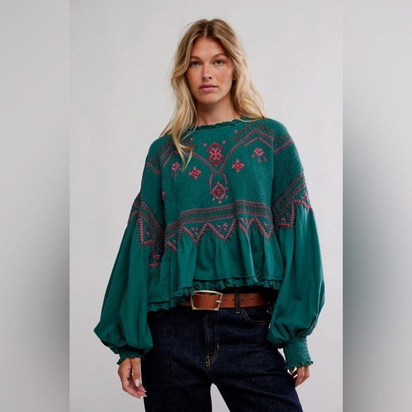 NWT FREE PEOPLE Holly Long Sleeve Knit Top | Green Combo MSRP $128 Size XL - Picture 7 of 13